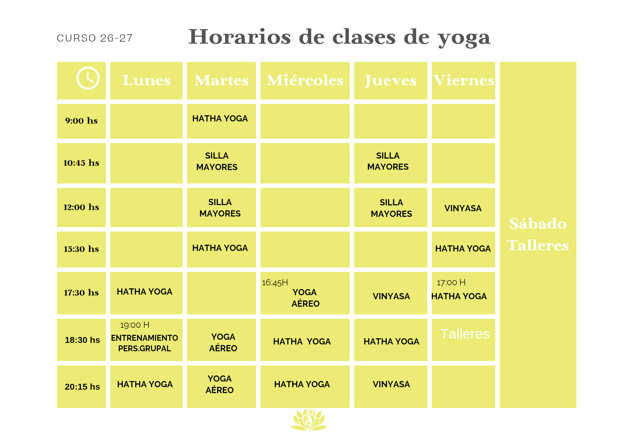 tabla horarios clases de yoga